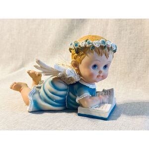 Vintage Boy Angel In Blue Lying Down, Reading A Book, Angel Wings, 9" Long 6" Ta